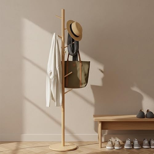 Miniatura 2 de Perchero y soporte de madera maciza, colgador de ropa independiente con 8 ganchos y 3 alturas ajustables, perchero, soporte para sombreros,