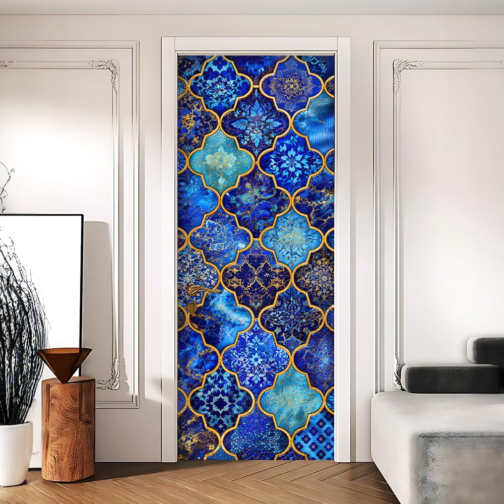 Moroccan Tile Door Sticker, Blue Gold Door Cover, 30.3x78.7in