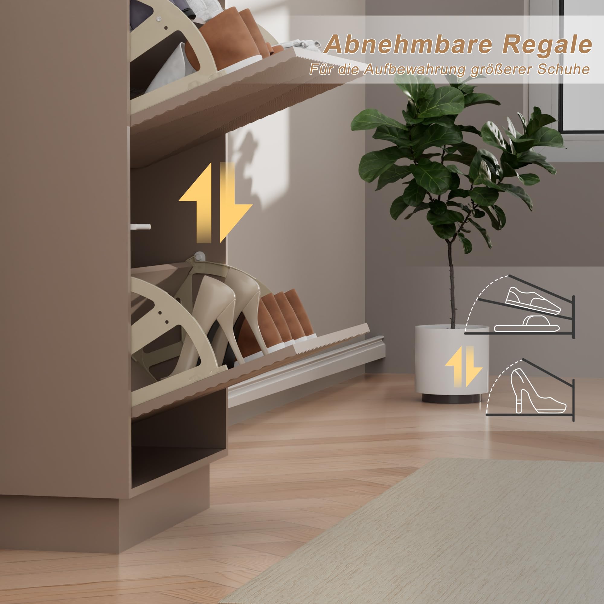 UEV Schuhschrank mit 2 Klappen, Schuhkipper schmal für Flur, Schuhkommode Schuhregal mit Verstellbaren Trennwände & Kippschutz & Drucktüröffner Push to Open, 50x24x91cm (Moka)