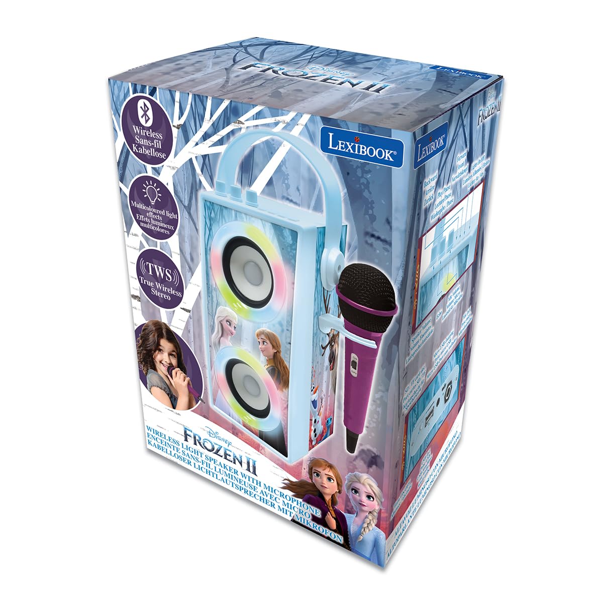 Lexibook Disney Frozen Altoparlante Bluetooth portatile con microfono, karaoke, luce, USB, batteria ricaricabile, blu/viola, BTP180FZZLXB