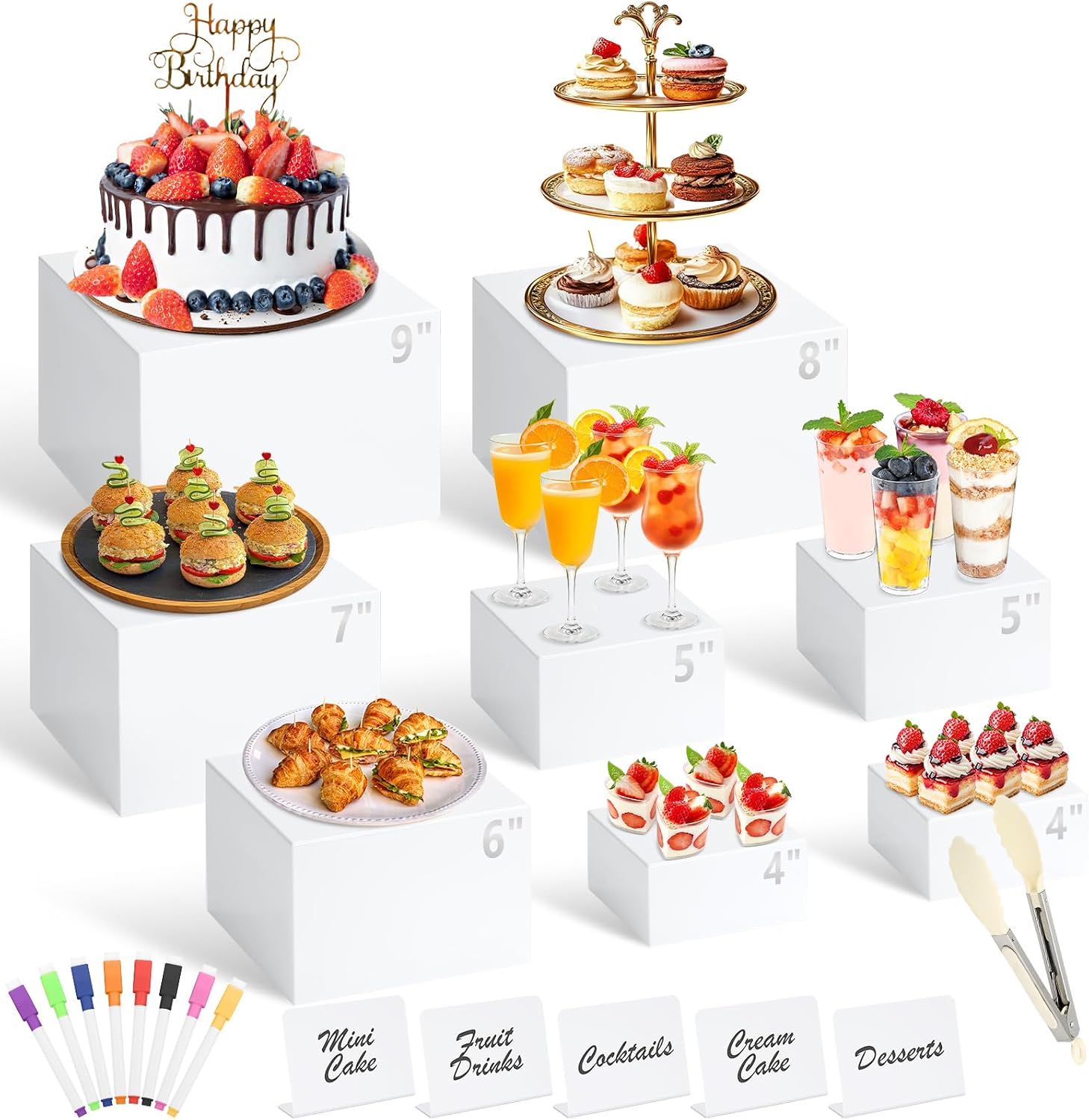 8 Pcs White Buffet Risers with Mini Table Sign, Serving Tongs, Acrylic Food Risers for Buffet Table Display Stand Shelf for Party Catering Dessert Jewelry Collectibles (Size 9" 8" 7" 6" 5" 5" 4" 4")