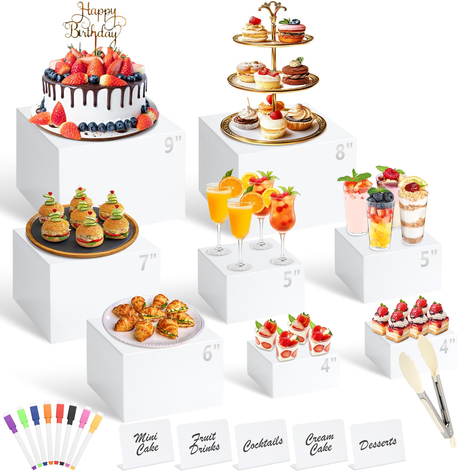 Photo 1 of 8 Pcs White Buffet Risers with Mini Table Sign, Serving Tongs, Acrylic Food Risers for Buffet Table Display Stand Shelf for Party Catering Dessert Jewelry Collectibles (Size 9" 8" 7" 6" 5" 5" 4" 4")