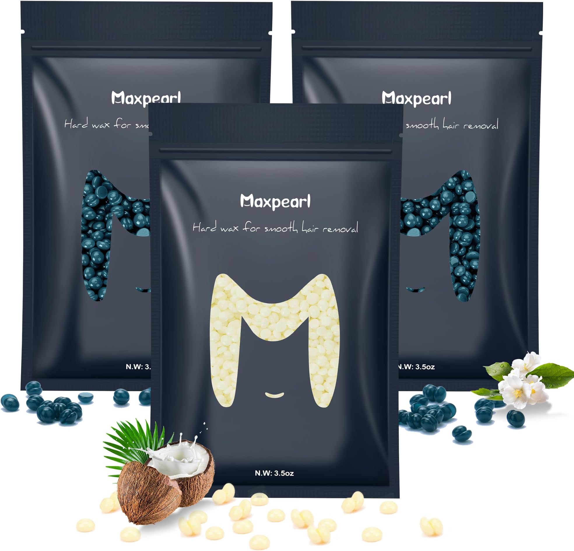 Maxpearl Hard Wax Beads, Pack of 3 Hair Removal Wax Beans Refill - Brazilian, Bikini Waxing, Face, Eyebrows, Underarms, Arms, Chest, Back, Legs - Coconut & Jasmine Formula, 300g