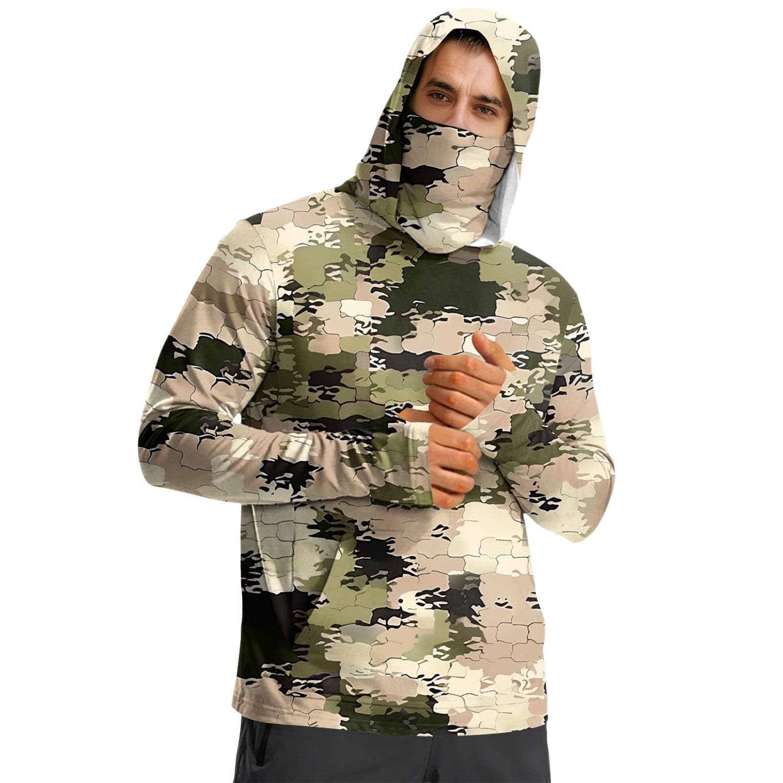 DENGJIAMY Męska bluza z kapturem chroniąca przed słońcem UPF 50+ Rash Guard Camo Shirt z długim rękawem outdoorowe wędkarstwo bieganie wędrówki bluza z kapturem topy z maską