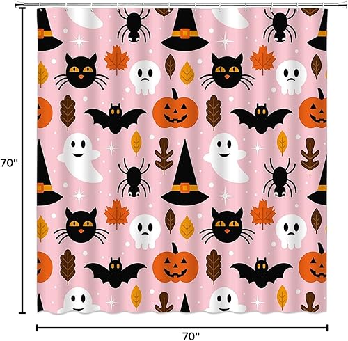 Miniatura 8 de Cortina de ducha rosa para Halloween, diseño de calabaza fantasma, gato negro espeluznante, calavera aterradora, murciélago de terror, sombrero de