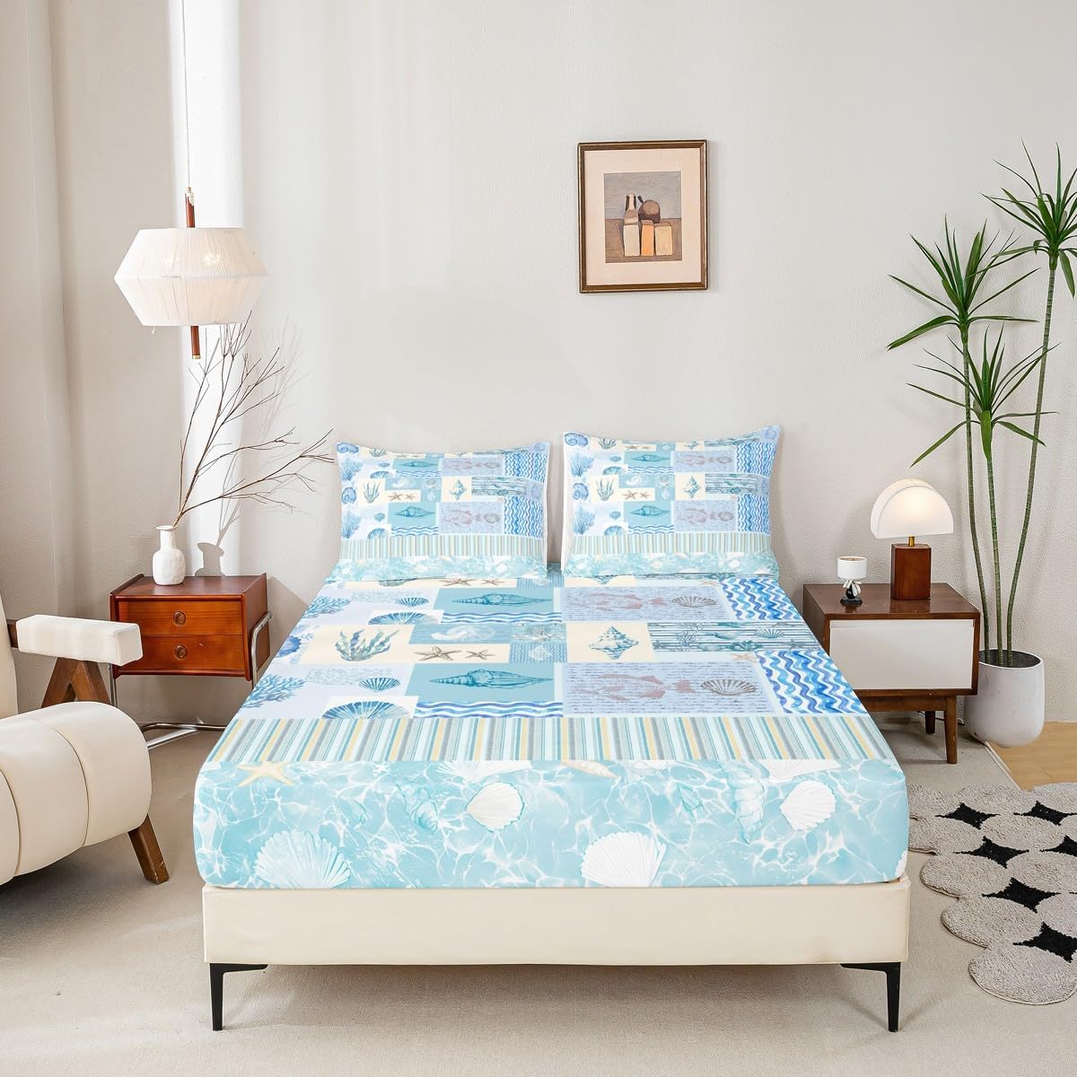 Coastal Fitted Sheet Twin Size (No Flat),Sketch Shell Coral Print Bedding Sets 2Pcs,Kids Girls Boys Room Decor,Blue Stripe Plaid Bed Cover Ocean Beach Deep Pocket Sheet,1 Pillowcase