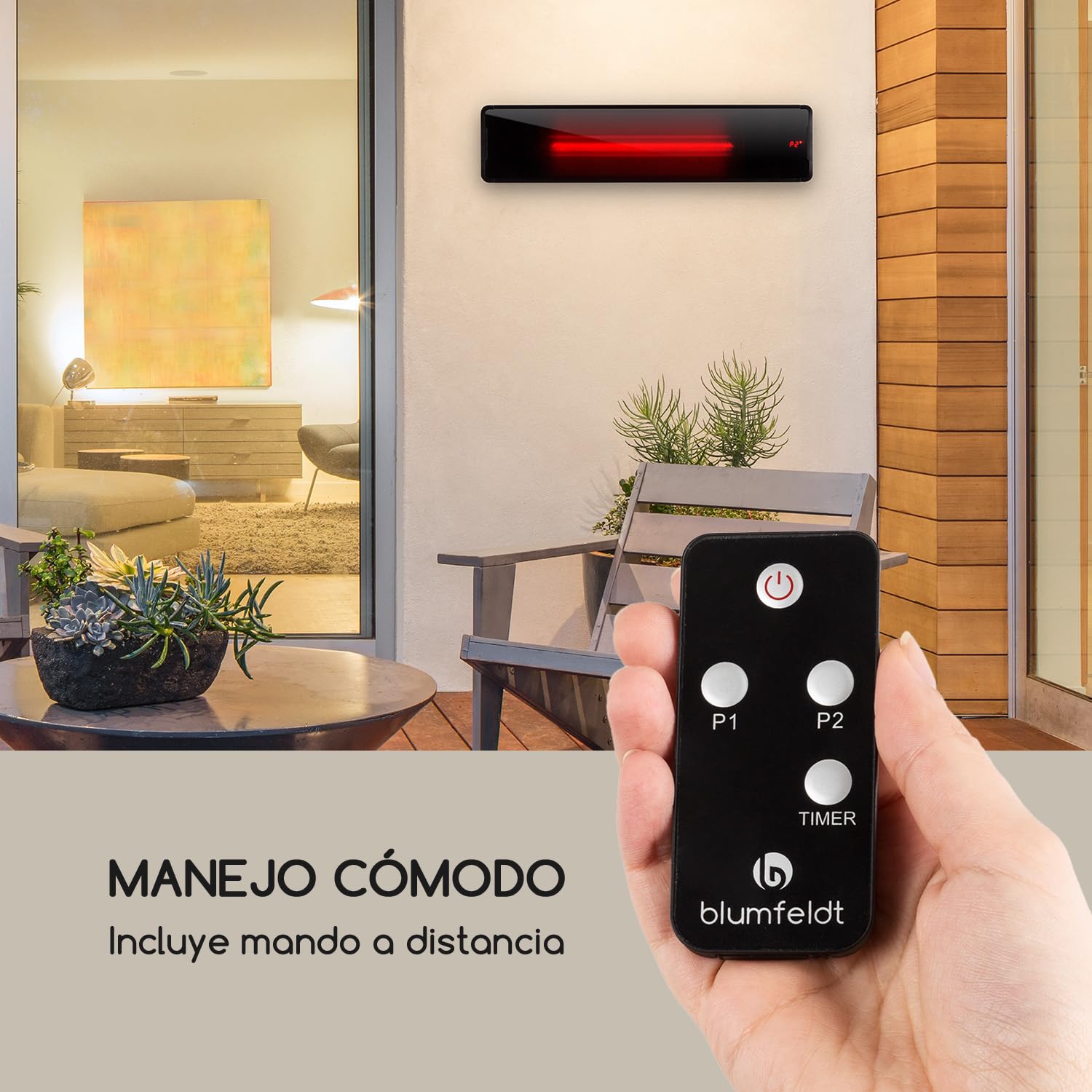 Blumfeldt Phantom - Radiador de Exterior, Calentador Radiante, Calor infrarrojo, Potencia 2 Niveles, Sistema IR-ComfortHeat, Temporizador de Apagado, Vidrio Schott, Aluminio