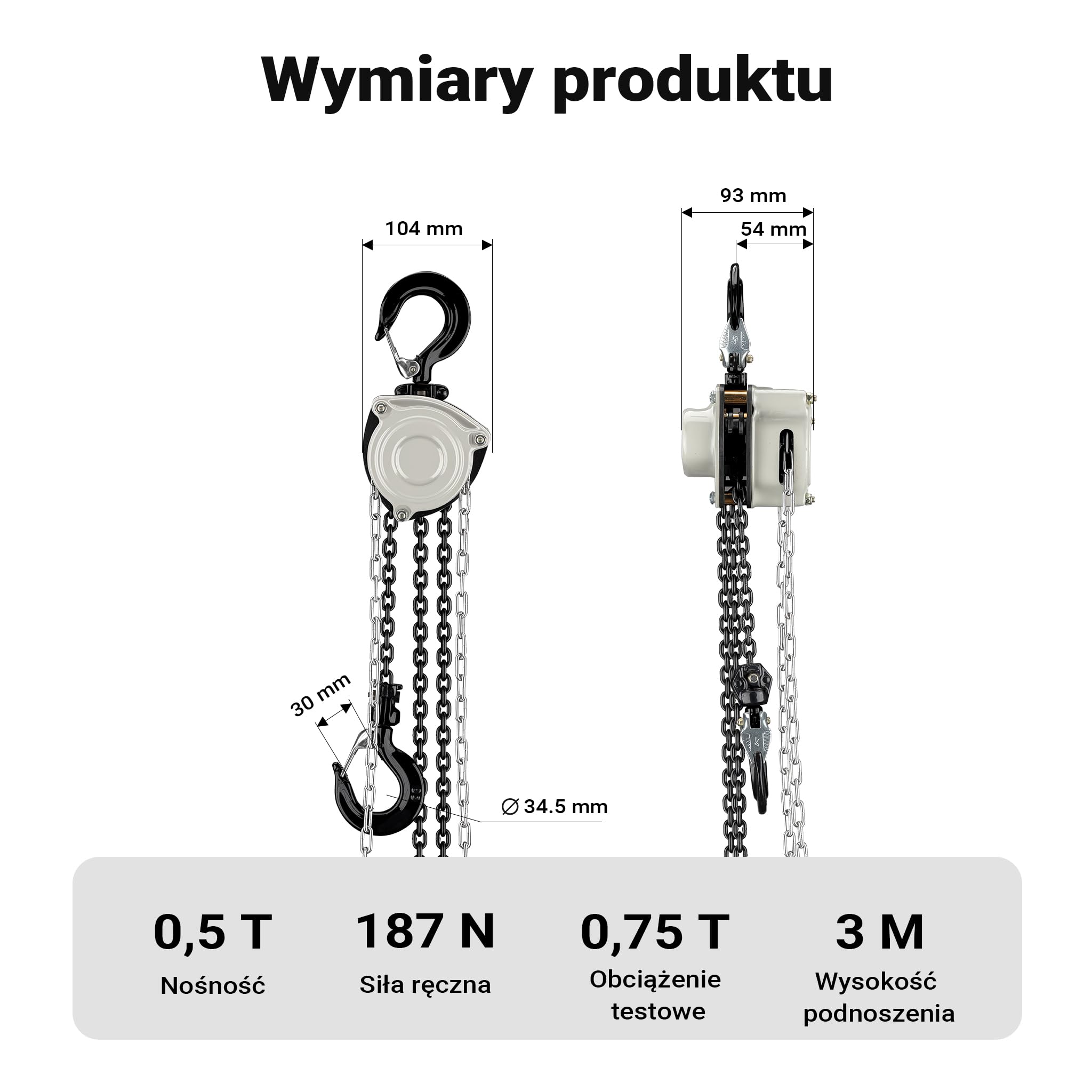 Wiltec Wciągnik łańcuchowy o nośności do 500 kg i ocynkowanym łańcuchem G80 o długości 3 m, o lekkiej konstrukcji
