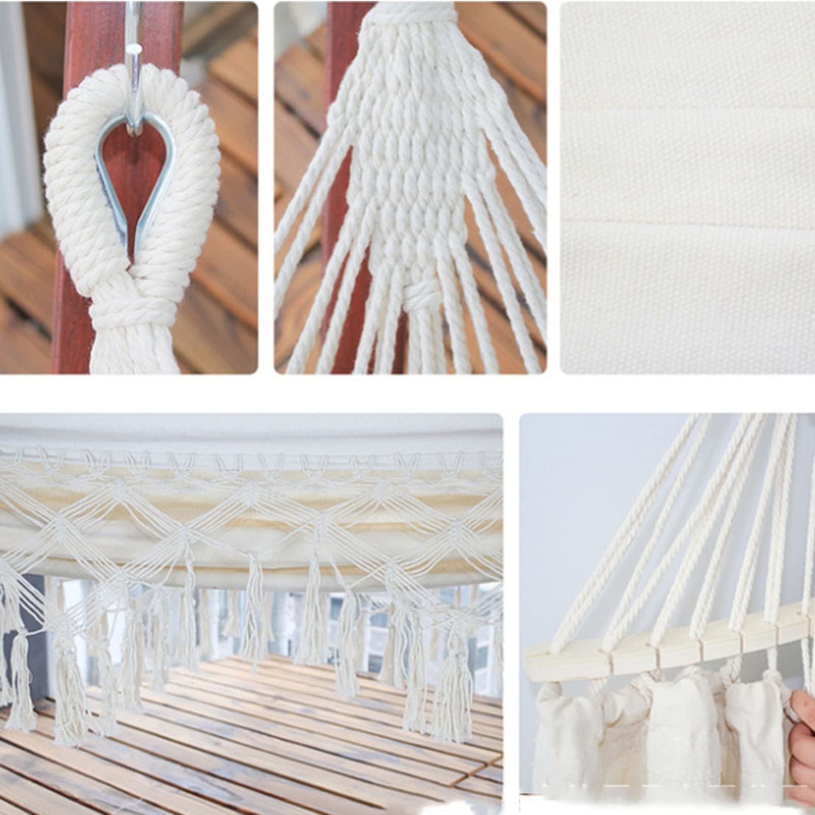 Hamac double en toile de coton avec pompons brésiliens et franges, barre d'épandage au crochet et sac de transport inclus Blanc