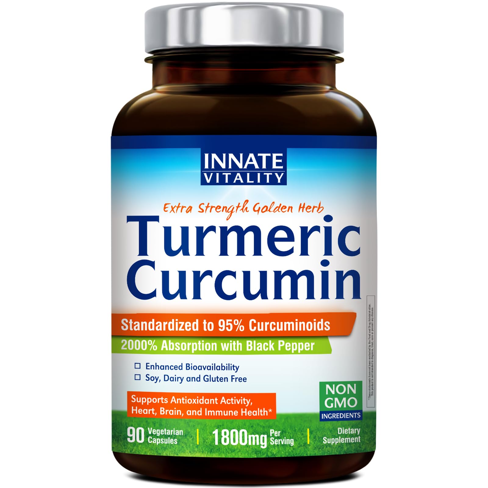 Innate Vitality Turmeric Curcumin Supplement 1800mg with Black Pepper 95% Curcuminoids, Extra Strength & Enhanced Absorption, Antioxidant, 90 Caps