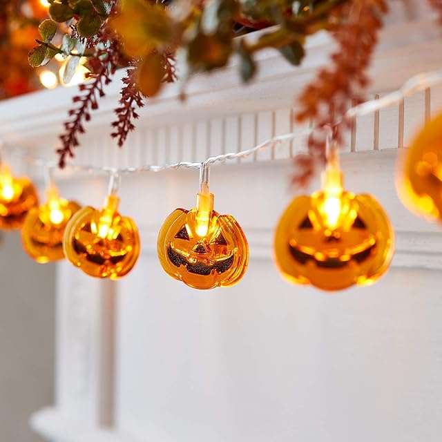 Lights4fun 10 Pumpkin Battery Operated LED Indoor Autumn Halloween Fairy String Lights 1.35m