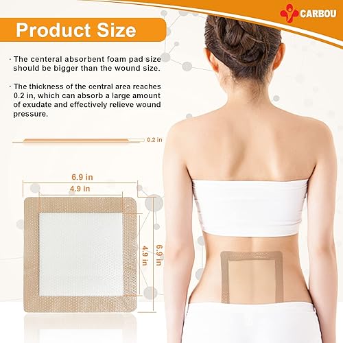 Miniatura 6 de Carbou 5 vendajes de espuma de silicona de 7 x 7 pulgadas (6.9 in x 6.9 in) – Apósito de espuma sacro para el cuidado de heridas con adhesivo de