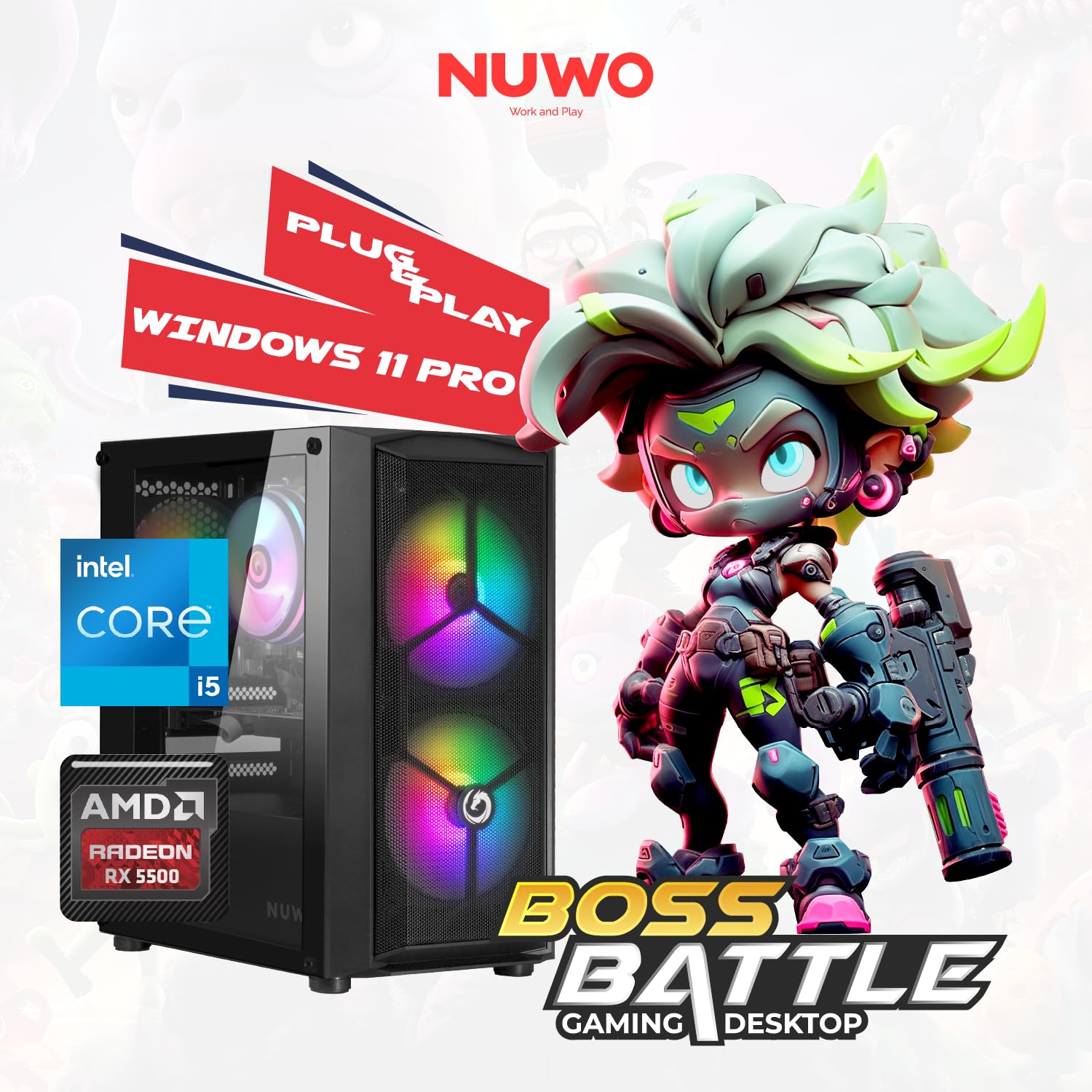 Nuwo PC Gaming Fisso Intel Core i5 3.8GHz RX 5500 8GB 16GB RAM SSD 1TB Windows 11 Pro