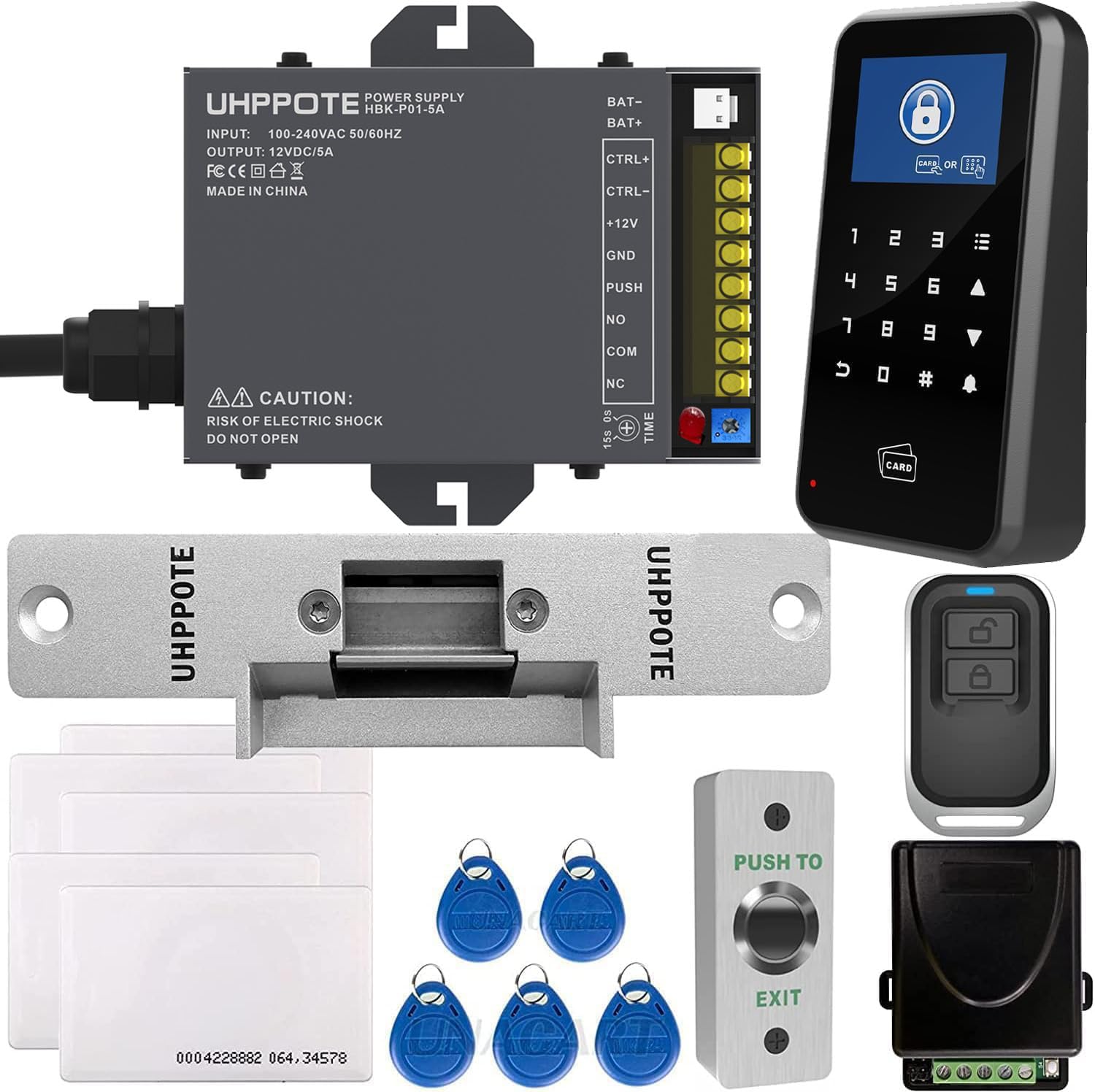 UHPPOTE Kit complet de contrôle d'accès à carte RFID 125 kHz avec gâche électrique et télécommande pour porte unique