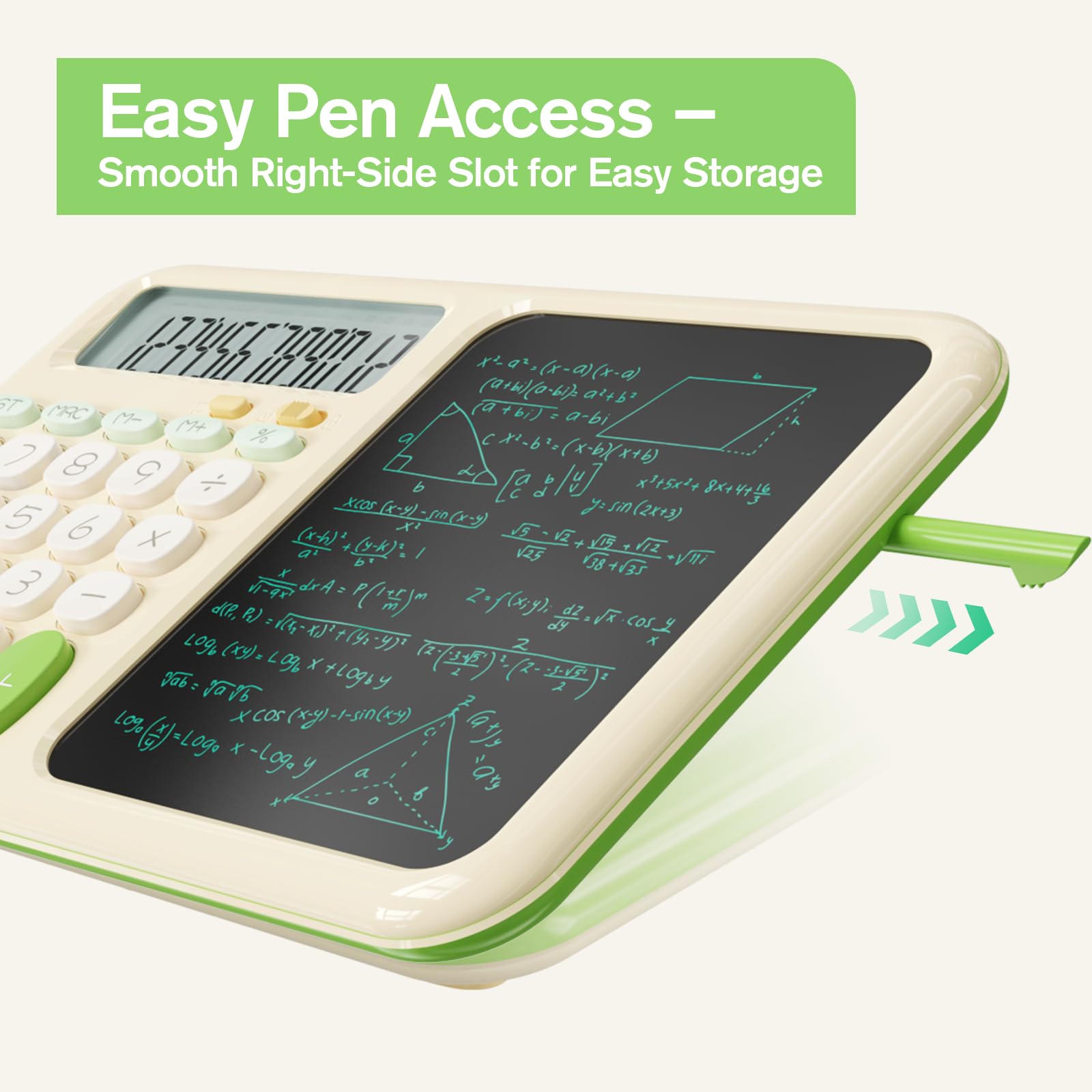 ROATEE Foldable 2-in-1 Basic Calculator with Erasable LCD Handwriting Tablet,12-bit HD Widescreen,Rechargeable Solar Dual Power Supply,Suitable for Students and Office Use (Green) — view 4