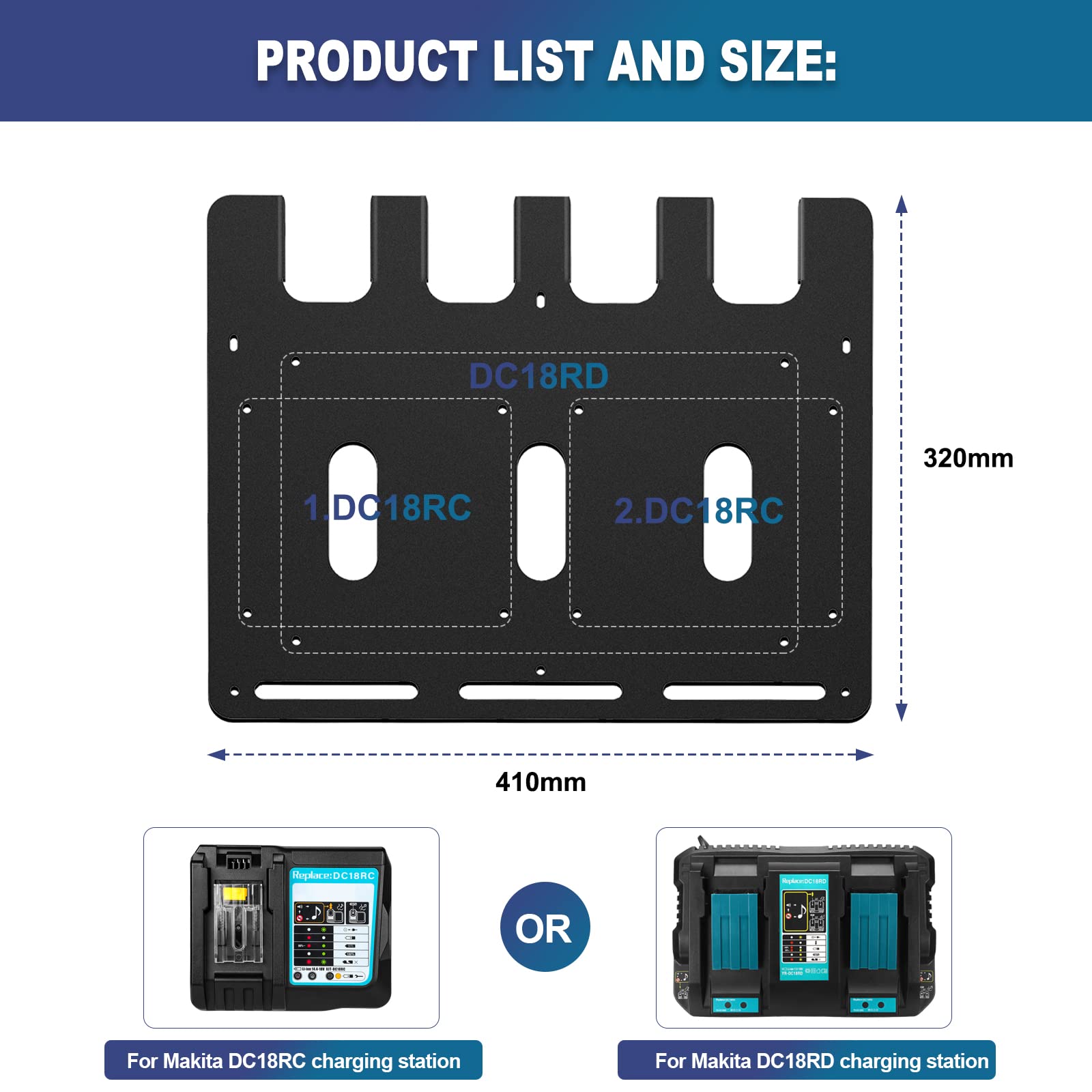 Riuog Wall mount for Makita battery holders and chargers Wall mount, stable 4 piece battery holder 18V 14.4V and charger holder and cordless drill driver, order in workshop and garage