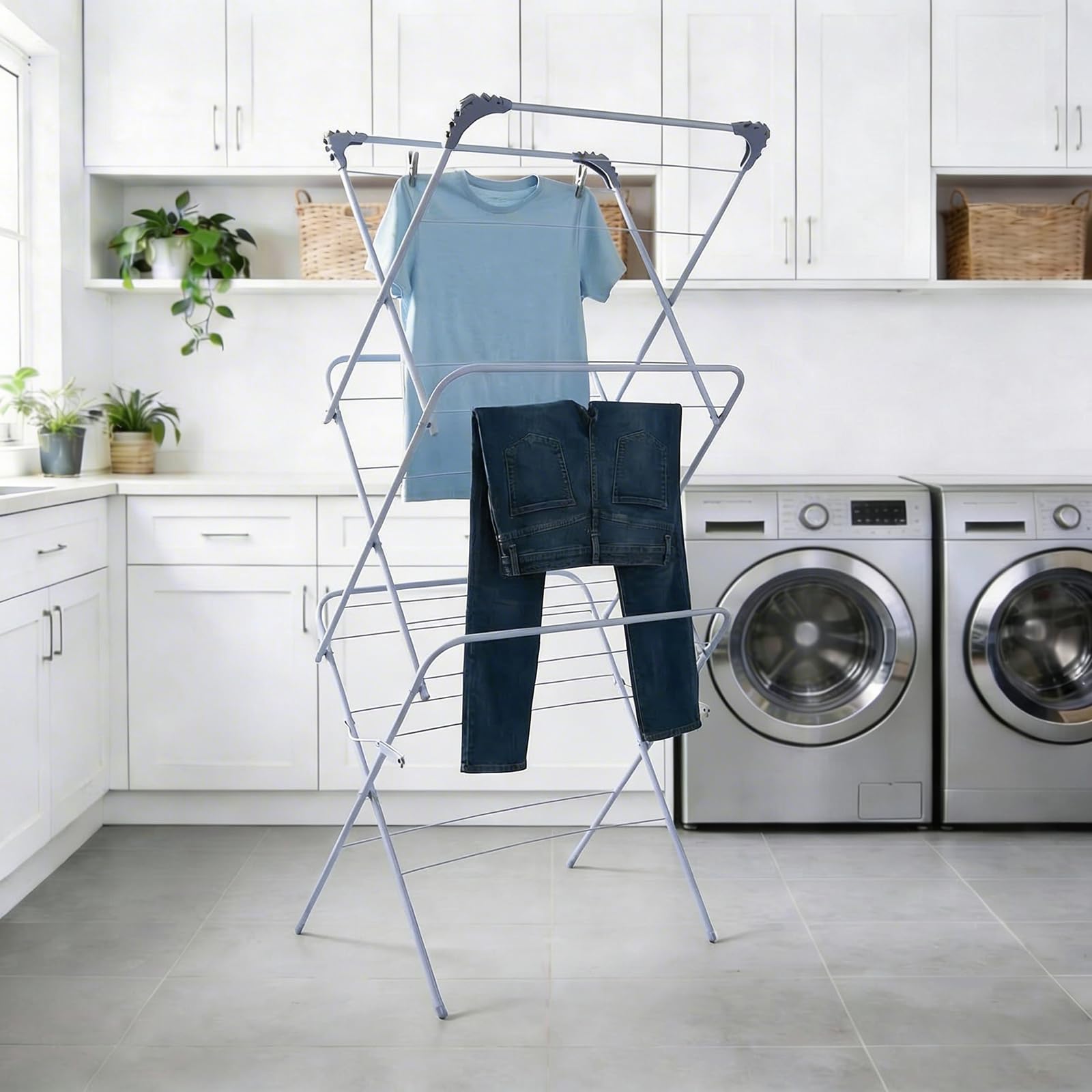 Ohs Silver Grey 3 Tier Folding Clothes Airer, Indoor Outdoor Drying Rack Laundry Towels Non Slip Feet Sturdy Maiden Clothes Horse Home Storage Space Saving Washing Line 15M Drying Space, 136 X 62 X 49Cm