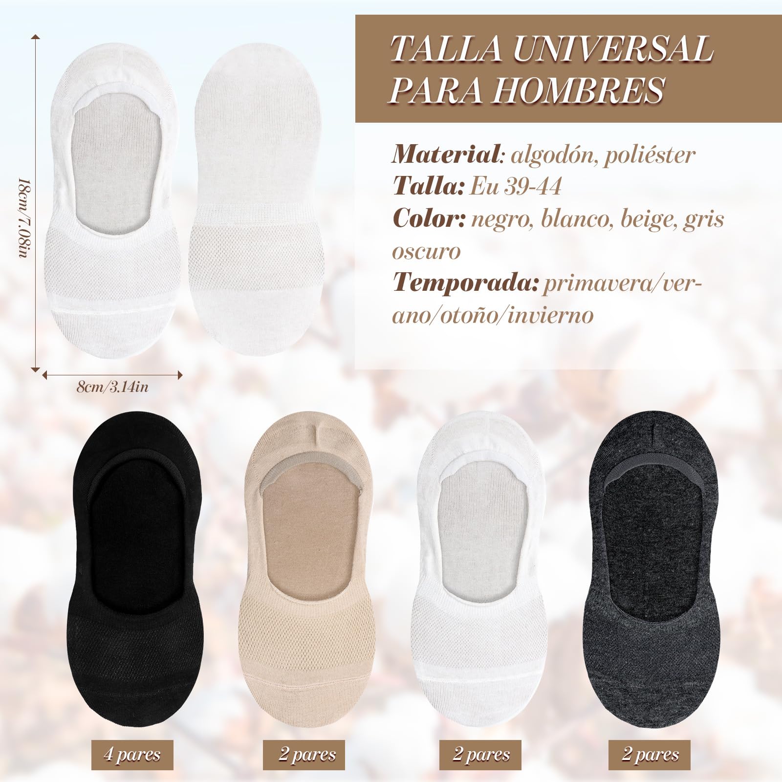 10 Pares Calcetines Invisibles Hombre y Mujer EU 39-45, Calcetines Transpirables Pinkies en Algodón Calcetines Cortos con Antideslizantes Silicona para Verano