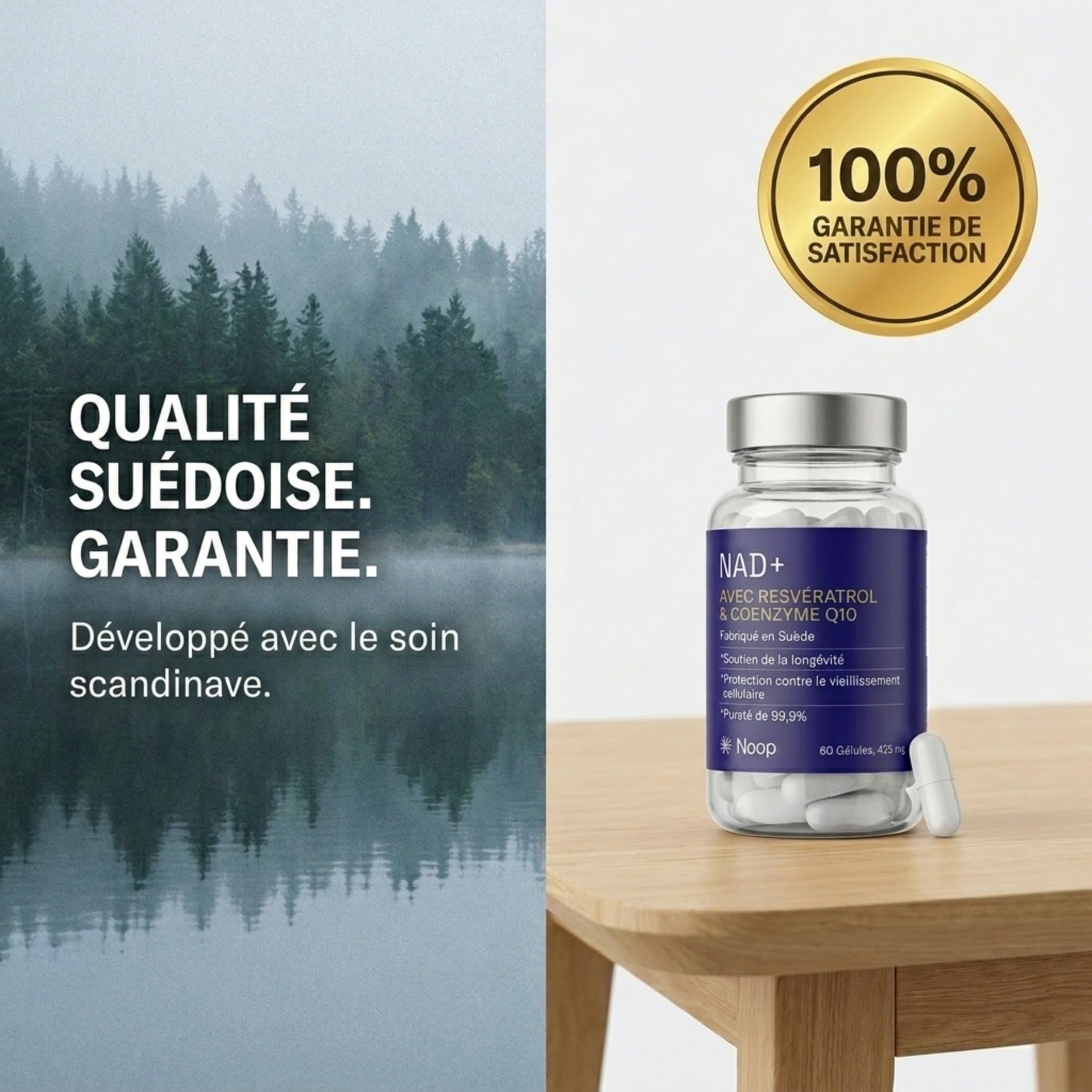 NAD+ Complexe Premium avec Resvératrol & Coenzyme Q10-425mg Formule Anti-Âge - Soutien Cellulaire & Énergie - Végan, Testé en Laboratoire - 60 Gélules - Fabriqué en Suède