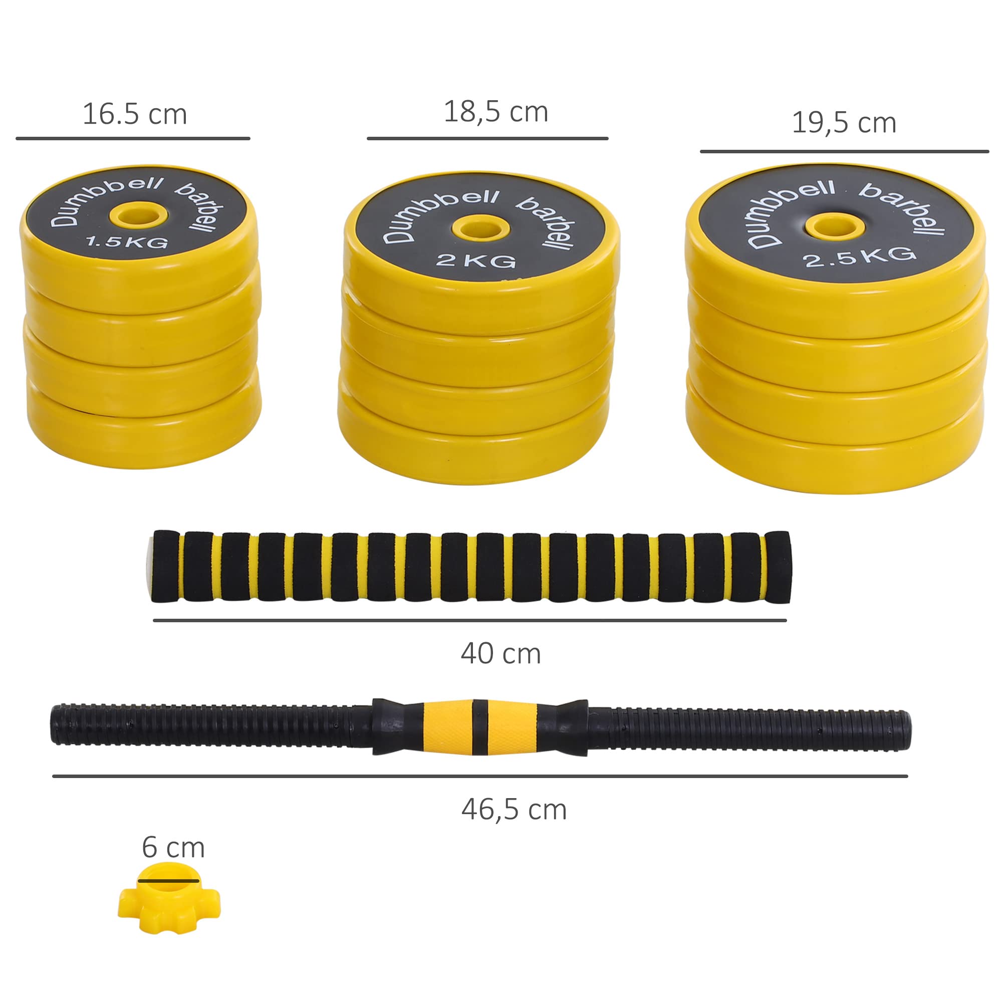 Hantle i sztanga HOMCOM 25 kg, z regulacją, ergonomiczny zestaw hantli 3 w 1, 12 obciążników, 2 × krótki drążek, 1 × długi drążek, żółty + czarny