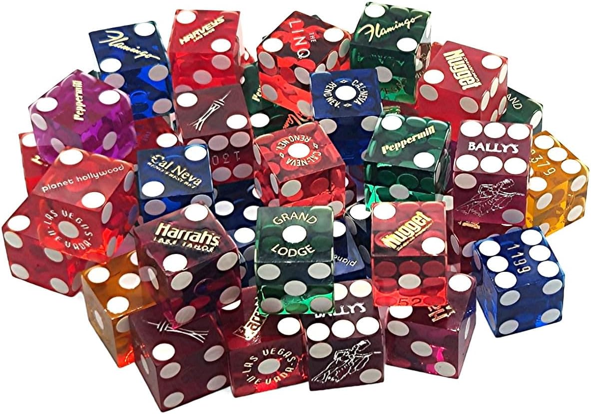 Deluxe Lot (6) Genuine Las Vegas Lake Tahoe Reno Nevada Casino Dice Rainbow Colors Blue Green Purple Red Yellow, Perfect for Poker Dice Yahtzee Farkle Bunco 5-Dice & 6-Dice Games (Polished Finish)