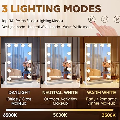 Miniatura 3 de Espejo de tocador con luces, espejo de maquillaje Hollywood iluminado con 12 bombillas LED, 3 modos de iluminación, espejo grande de 16 x 12