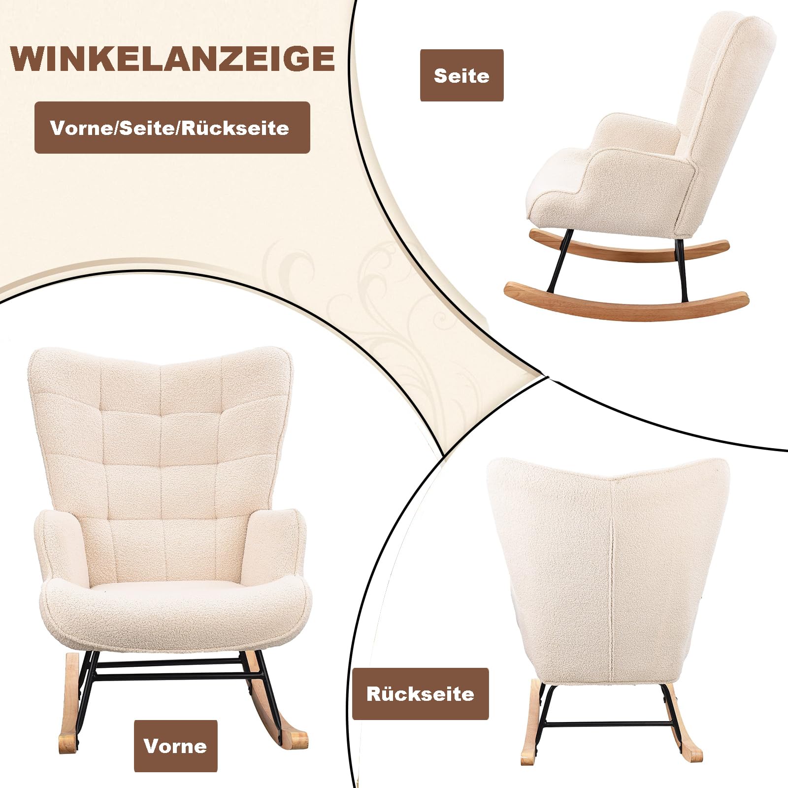 Fauteuil à bascule avec polaire Sherpa, bois massif et cadre en métal, fauteuil à bascule avec dossier haut, fauteuil de salon avec assise rembourrée, jusqu'à 130 kg, beige, DEZplsZM31924