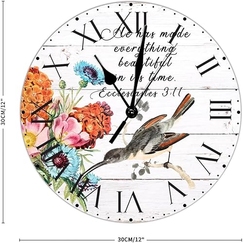Miniatura 142 de ArogGeld He Made Everything Beautiful - Reloj de pared de PVC con flores rosadas, colibrí, reloj de pared grande con cita y números romanos, reloj