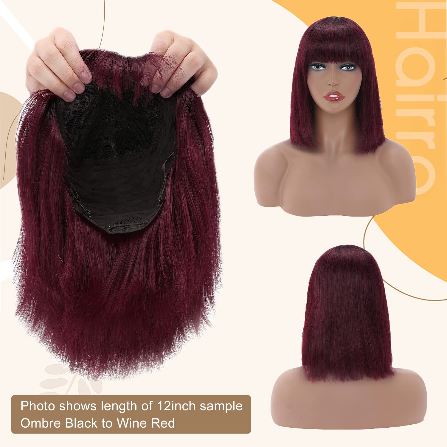 Ombre BOB Human Hair Wigs with Bangs Wine Red Womens Short Ombre Wigs Brazilian Remy Hair Glueless None Lace Front Wig Straight 10inch 1BT99J