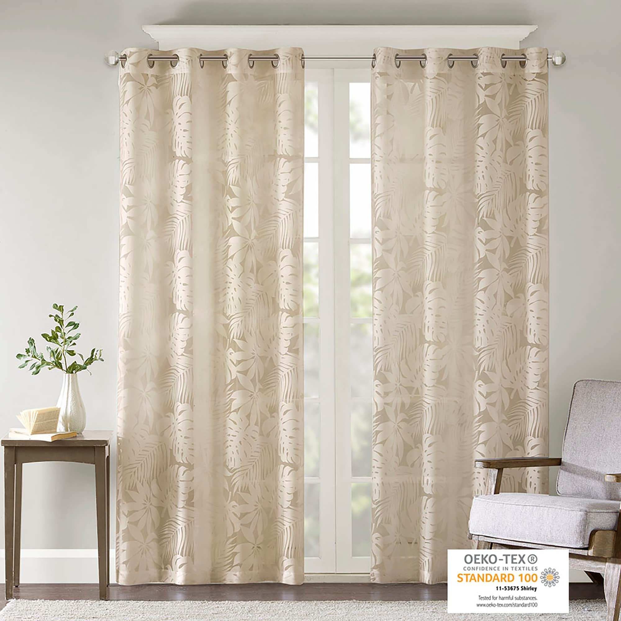 Madison Park Palm Leaf Burnout Window Sheer with Natural Finish MP40-7491, Tropical Natural, W 50" x L 63" (2 Panels) - Image 2