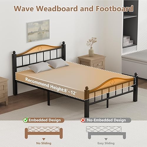 Miniatura 6 de Marco de cama de metal tamaño matrimonial con cabecero, plataforma de metal sin chirridos de 1500 libras con cabecero, almacenamiento debajo de la