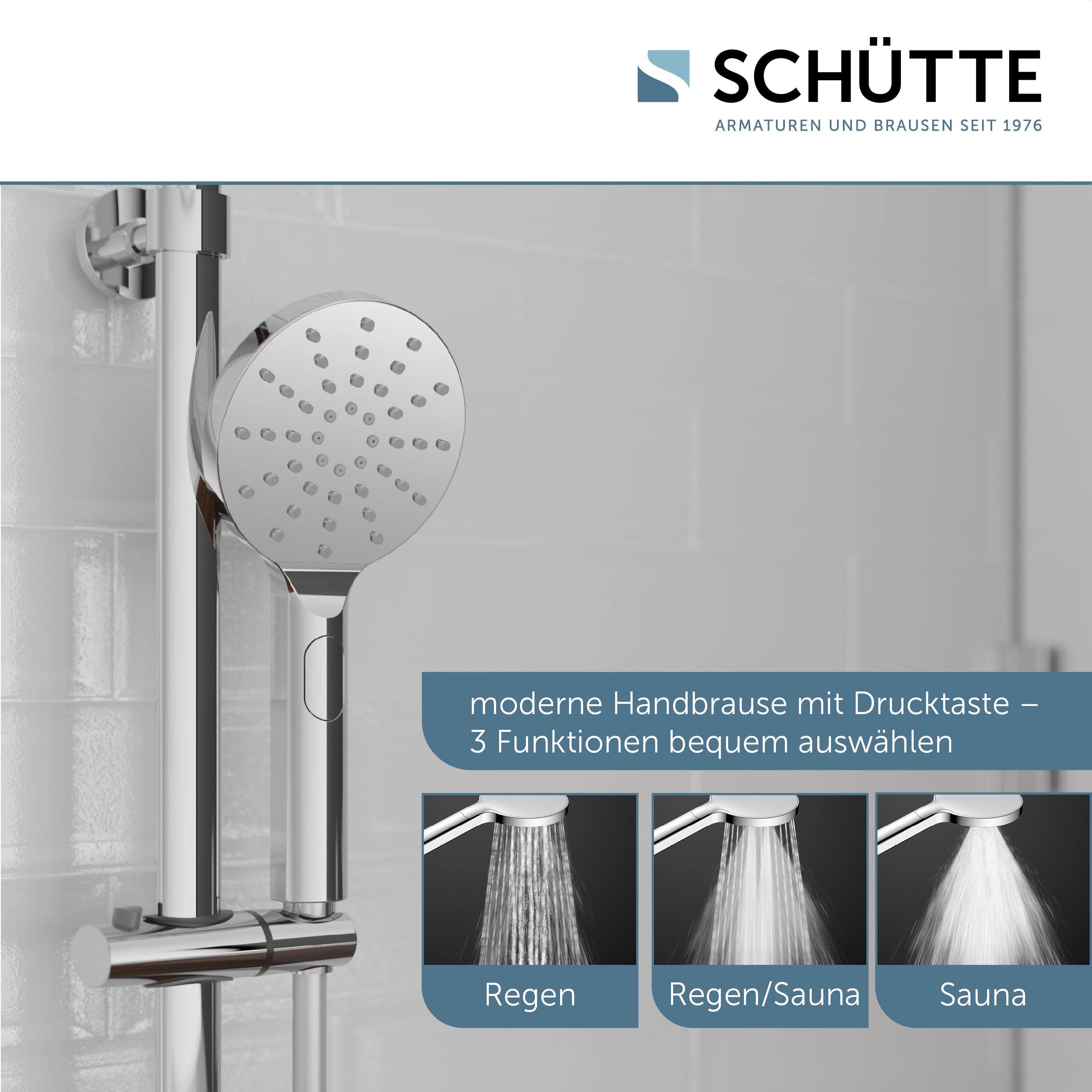 Schütte MADURA System termostatowy, zestaw dużych efektów deszczowych (Ø 24 cm) i regulowany prysznic, zestaw drążka, kolumna, panel prysznicowy, chrom, stal nierdzewna, (B x H x T): ok. 240 x 1010 x