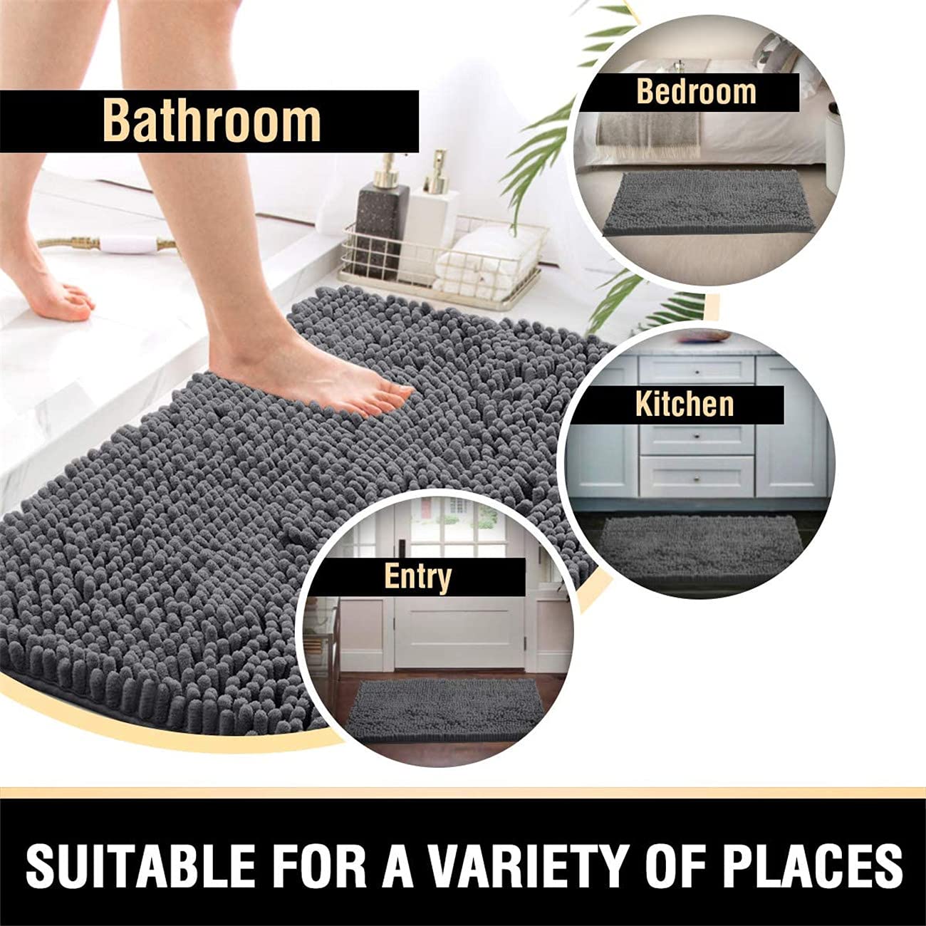 Tapis de salle de bain antidérapant chenille doux et absent à poils longs lavable pour baignoire et douche, gris, 150 x 50,8 cm
