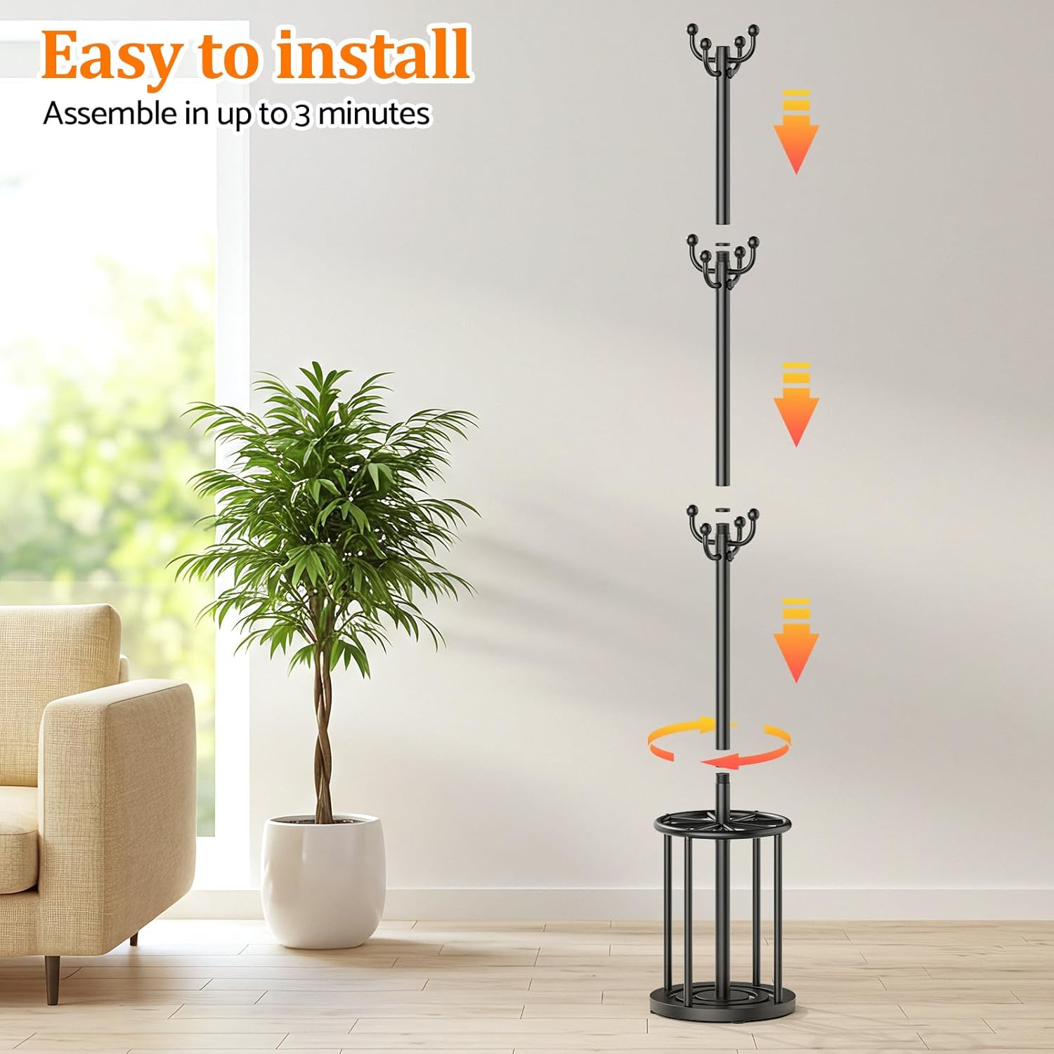 Coat Rack Freestanding, Hat Rack Hall Tree Coat Hanger Umbrella Stand for Entryway, Black Coat Rack with Umbrella Holder, Tree Stand Corner Hall Tree Rack for Hat, Umbrella, Purse, Bag, Clothes