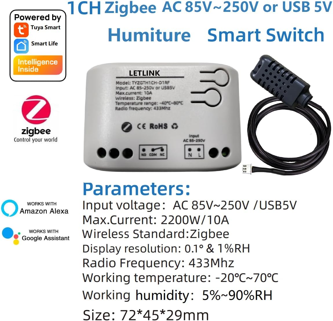 1CH Zigbee Temperature & Humidity Controller, USB 5V or AC 85-250V Extendable Probe Sensor, -20°C-80°C,Smart Life or Tuya App Remote, 10A Relay Switch (AC 85-250V) 3 71lM0g1qffL. AC SL1202