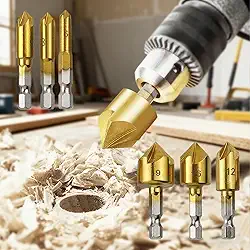 Conjunto de 6 brocas escareadoras, kit de ferramentas de chanfro de 5 flautas de haste sextavada de 1/10.2 cm, brocas de ângulo de 90 graus para marcenaria, compatível com sistema de troca rápida de 6