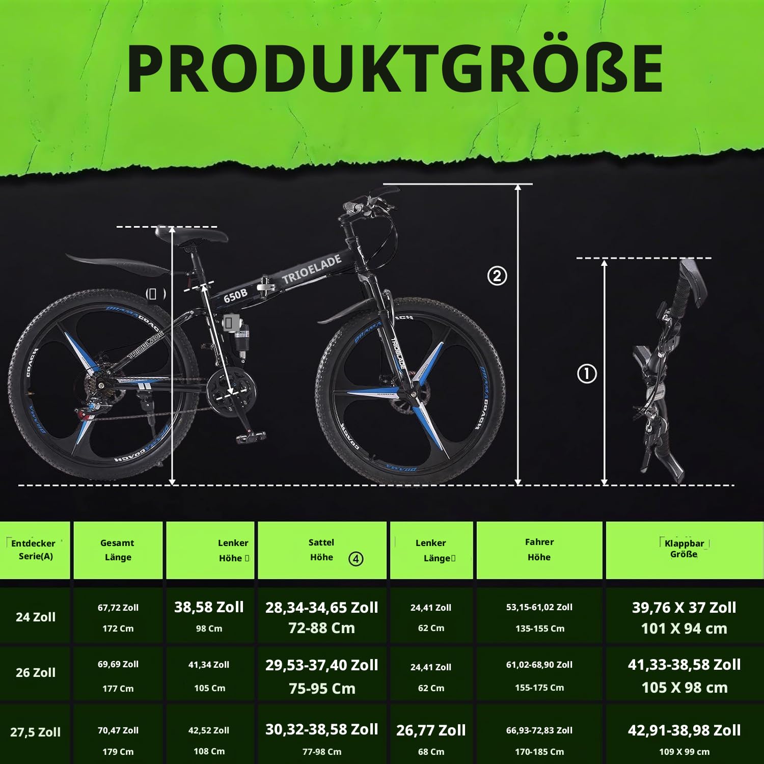 LSLIFE 27,5 Zoll Klappfahrrad 21 Geschwindigkeit Professioneller Karosserie Aluminiumrahme Doppelscheiben Bremse Vorderaufhängung Männer/Damen Mountainbike