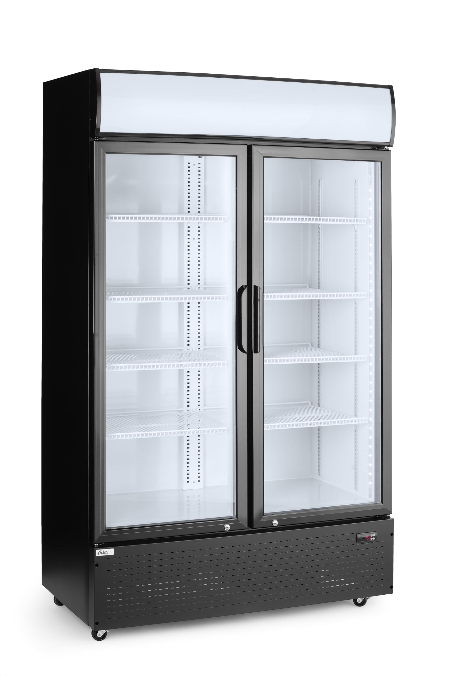 HENDI Frigorifero pubblicitario Arktic per bevande, armadio refrigerato verticale con pannello retroilluminato, 2 porte, 512L, 0–10°C, 220V, 510W, 1120x585x(H)1900mm, acciaio verniciato a polvere nero