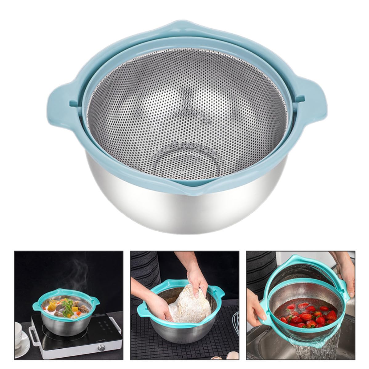IMIKEYA Colador de Cocina Doble Capa de Acero Inoxidable Cesta para Escurrir Arroz y Frutas, Juego Multifuncional para Almacenar y Drenar Alimentos en Cocina