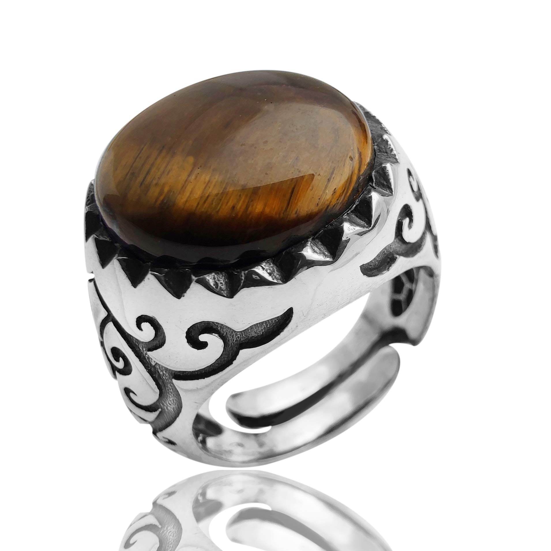ANELLO da UOMO in ARGENTO 925,con pietra naturale OCCHIO di TIGRE tondo,realizzato SU MISURA e completo di scatola regalo.