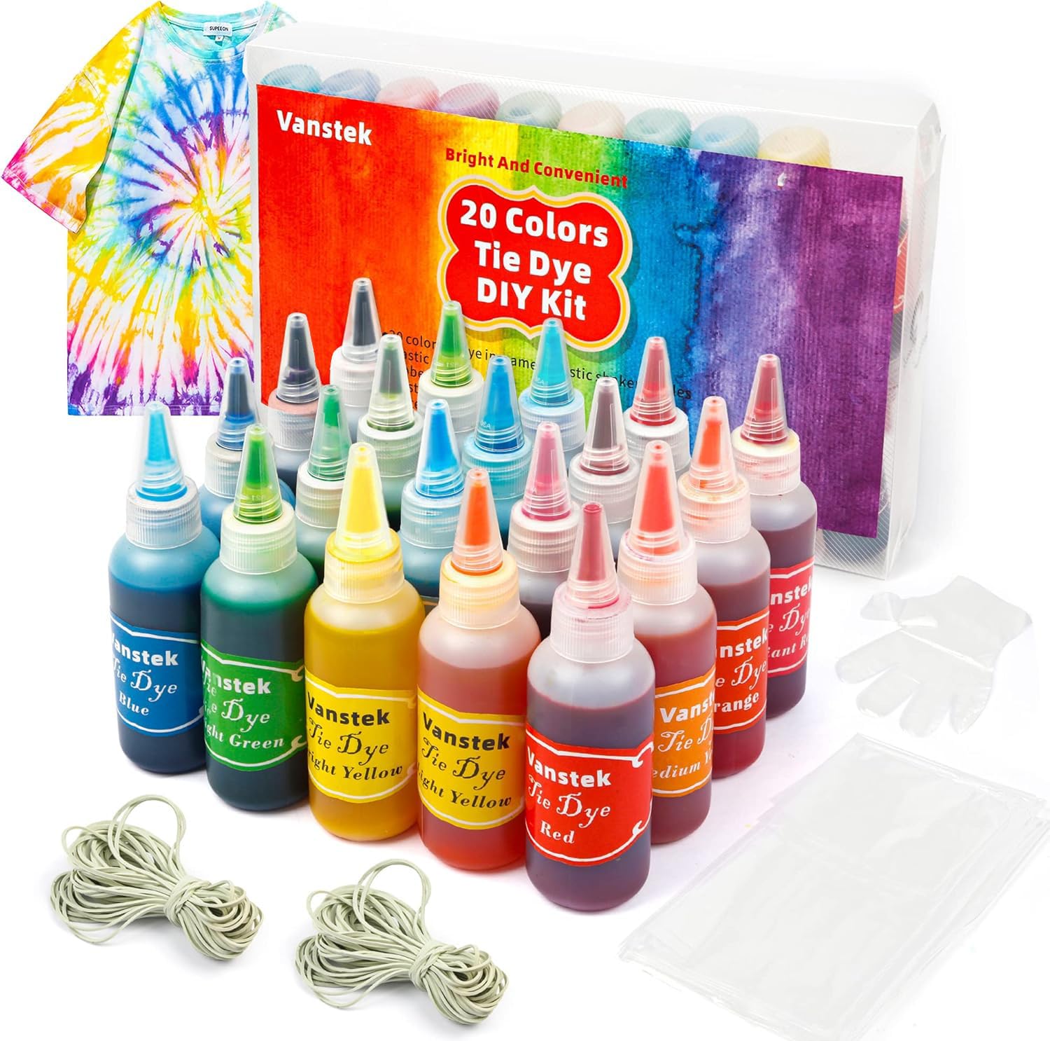 Vanstek 20 Colors Tie Dye Kit, Tie Dye Shirt DIY Fabric Dye for Women, Kids, Men, with Rubber Bands, Great for Family Friends Group Party Supplies
