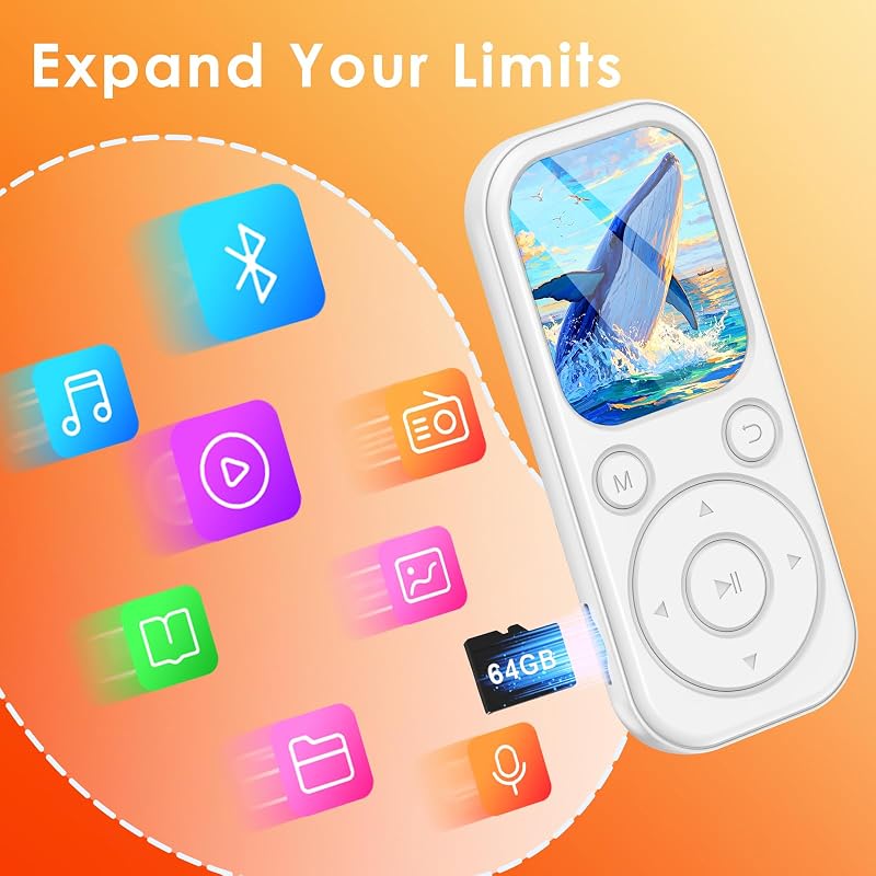 Player MP3 Gueray Bluetooth 64 GB, audiobooks, alb, radio FM, înregistrare, alarmă, video, e-book, imagini, extensibil prin TF până la 128 GB