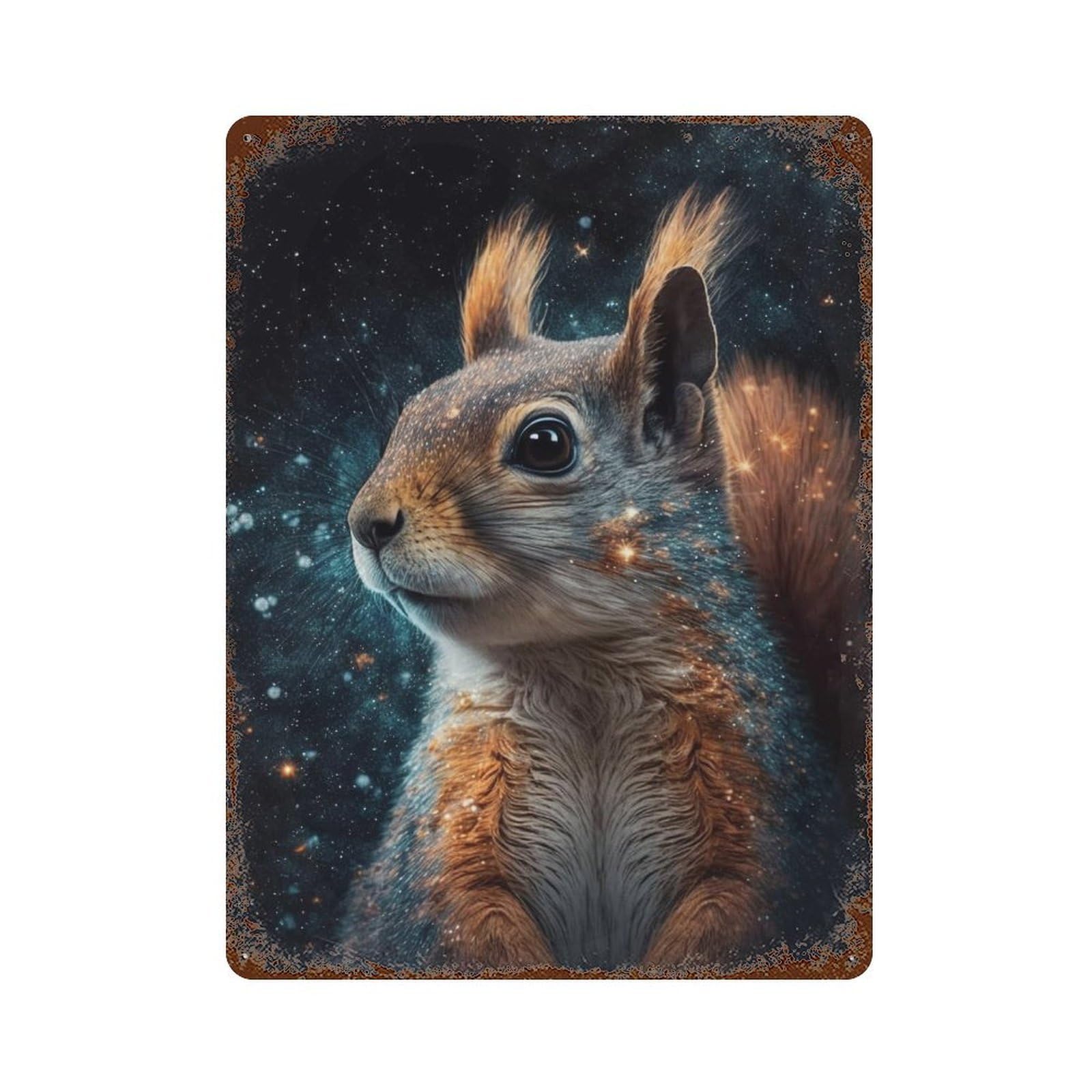 Rust Effect Cosmic Squirrel Gazing Distressed Metal Wall Sign 15.7"x11.8", Farmhouse Wall Decor for Office, Studio And Wall Decor