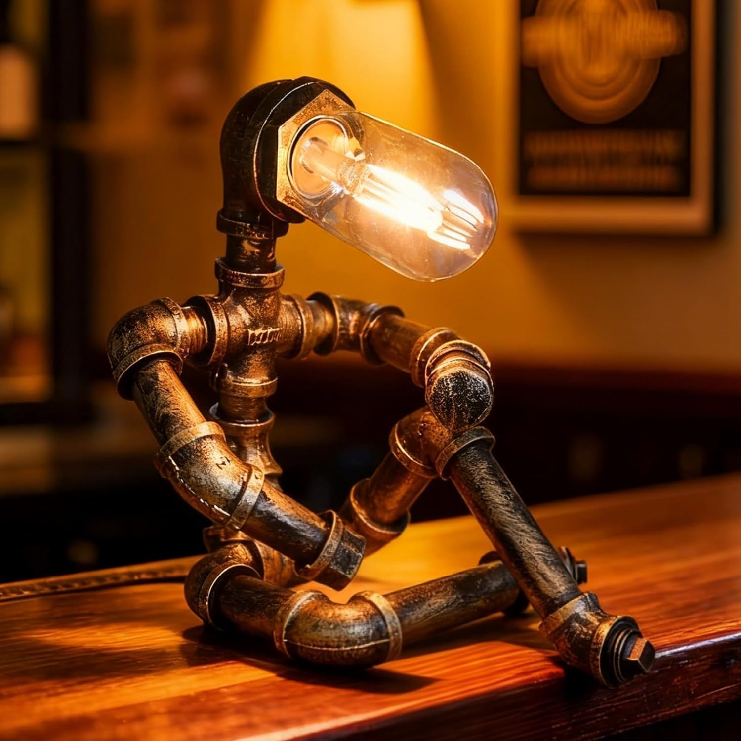 Steampunk Table Lamp, Industrial Water Pipe Lamp Retro Iron Piping Desk Lamp Vintage Nightstand Lamps for Bedroom Living Room Kitchen Café Dorm Pub