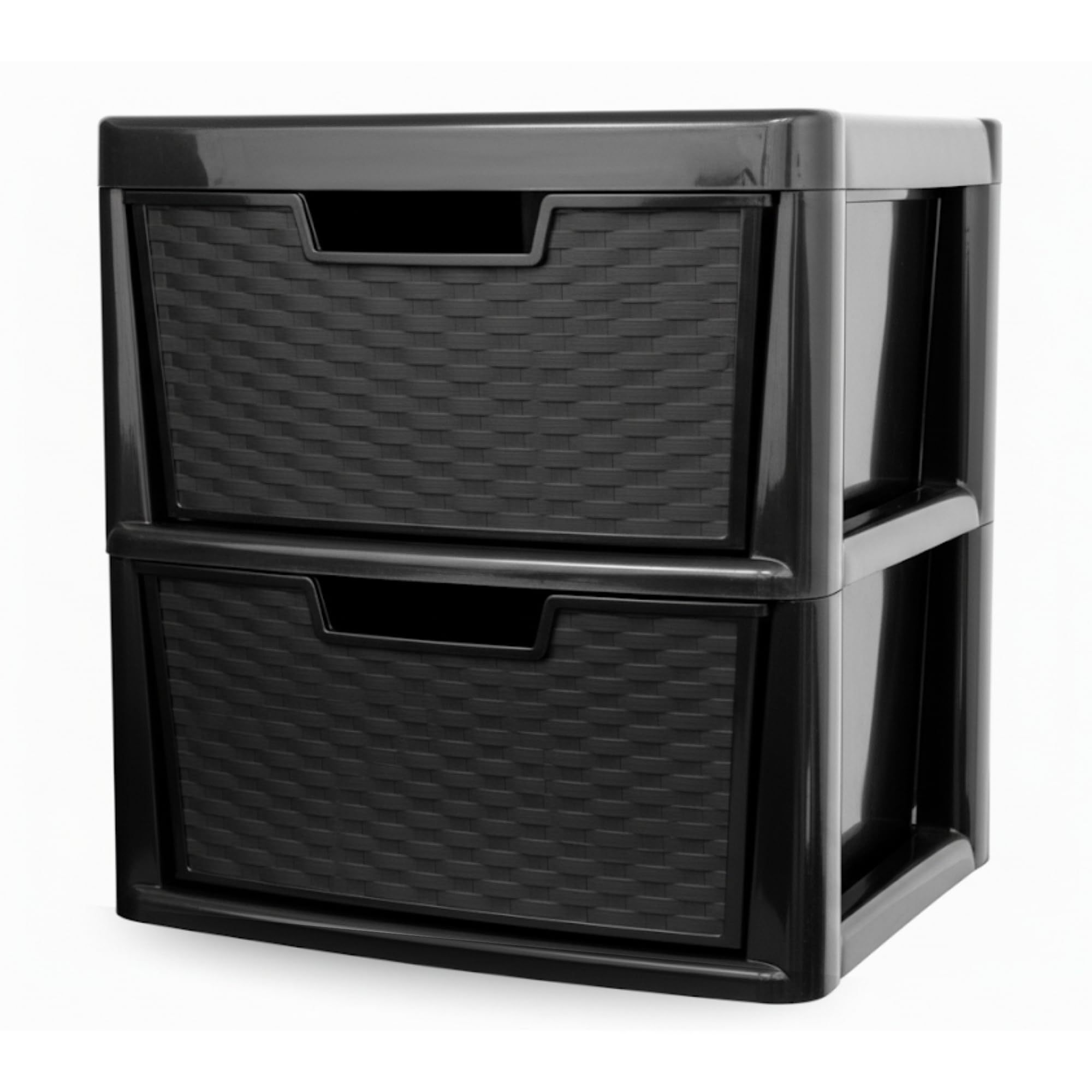 KYY'Z - Large Plastic Rattan Storage Drawers Unit with Deep Pull-Out Baskets - Durable Multipurpose Cabinet Organizer for Home Office, Bedroom, Bathroom, Garage, Utility Room (Rattan/Black, 2 Tier)