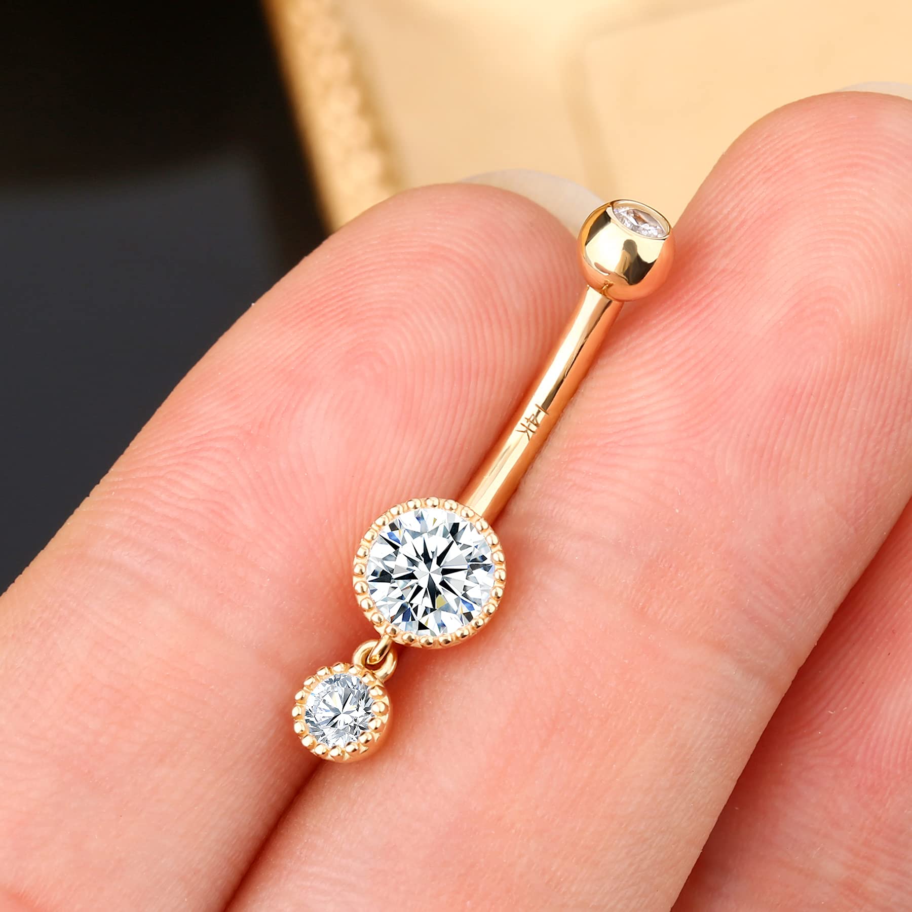 OUFER Body Piercing Belly Button Bars 14G Navel Bar 14K Solid Gold Double Round Clear CZ Belly Bars Navel Piercing Jewellery