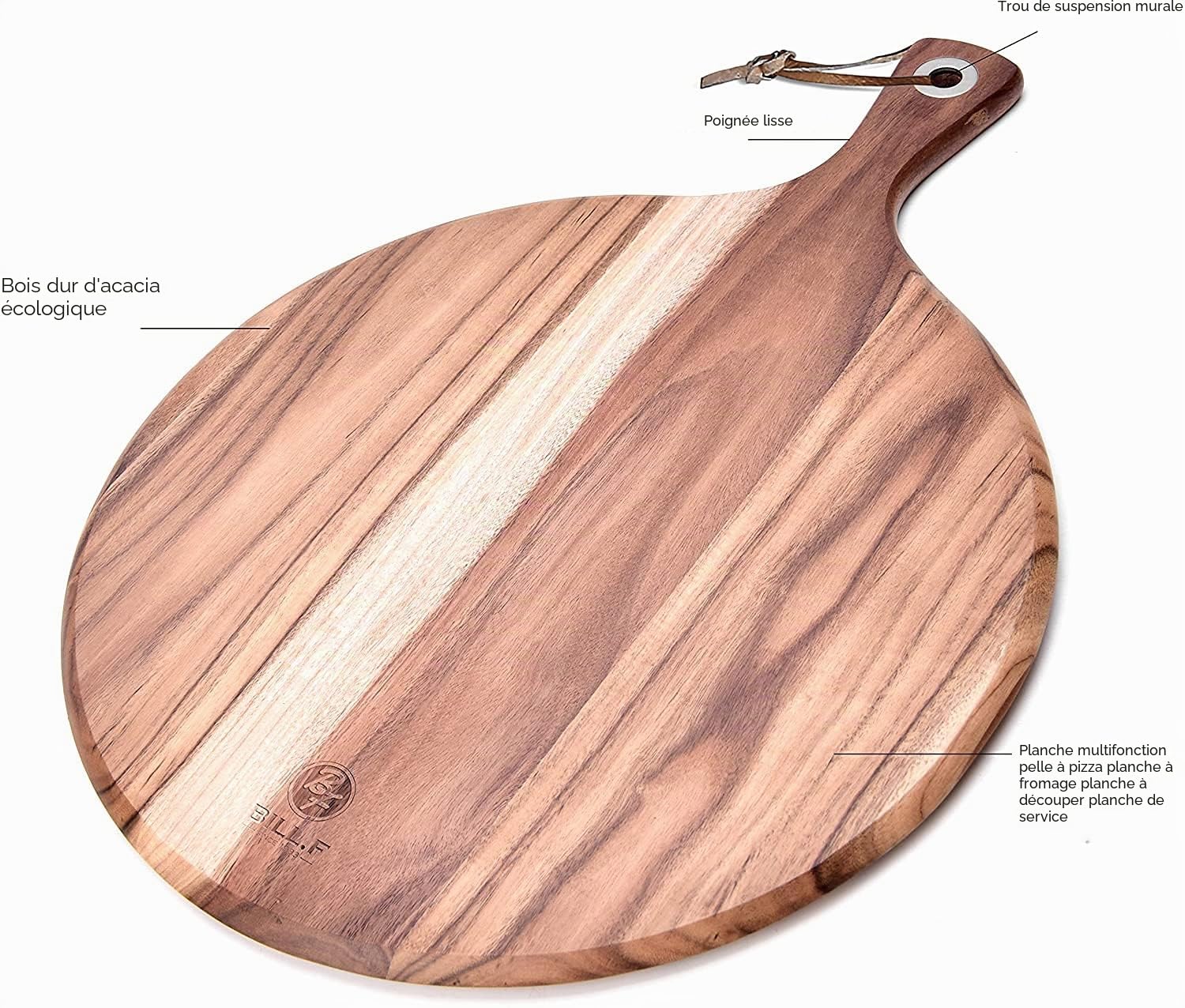 BF BILL.F SINCE 1983 Pelle à pizza en bois d'acacia, planche à découper, plateau de service, pelle à pizza ronde, plateau de transfert pour déplacer pizza, biscuits, gâteaux, pain, 48 x 36,5 x 1,2 cm