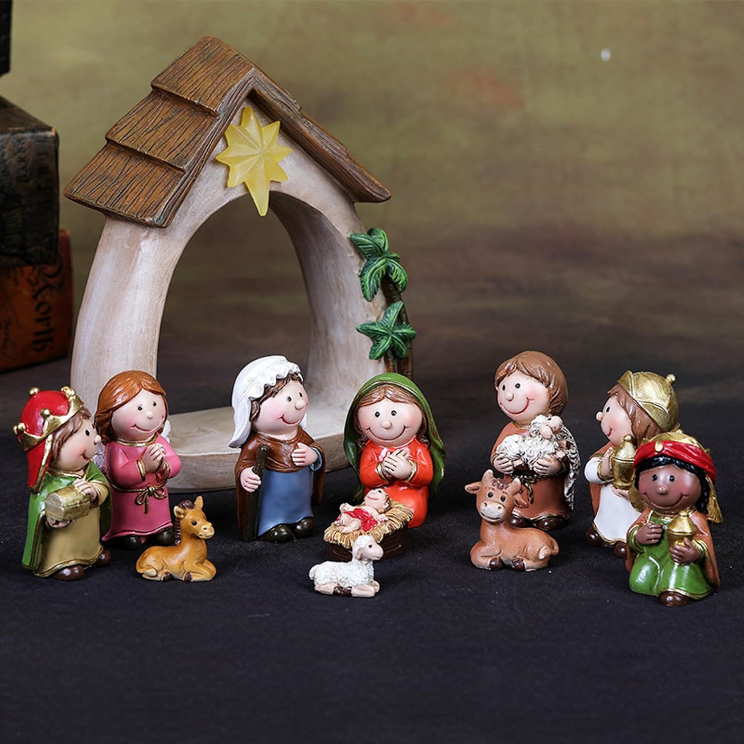 Christmas Nativity Set 12PCS/Set LED Nativity Scene and Holy Family Figurine Including Baby Jesus Mary Joseph for Chistmas Tabletop Decor
