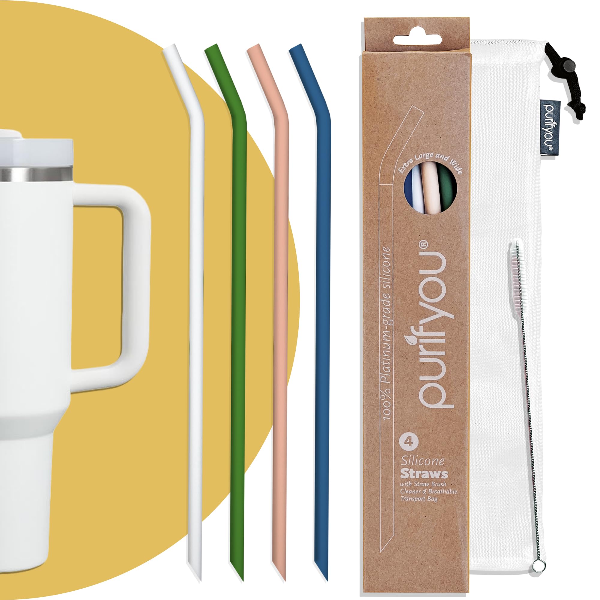 Extra Long 14.5" Reusable Silicone Straws with Flexible Tips, Cleaning Brush, & Portable Case - Fits with 40oz Stanley Cups, Tumblers & More (Set of 4)