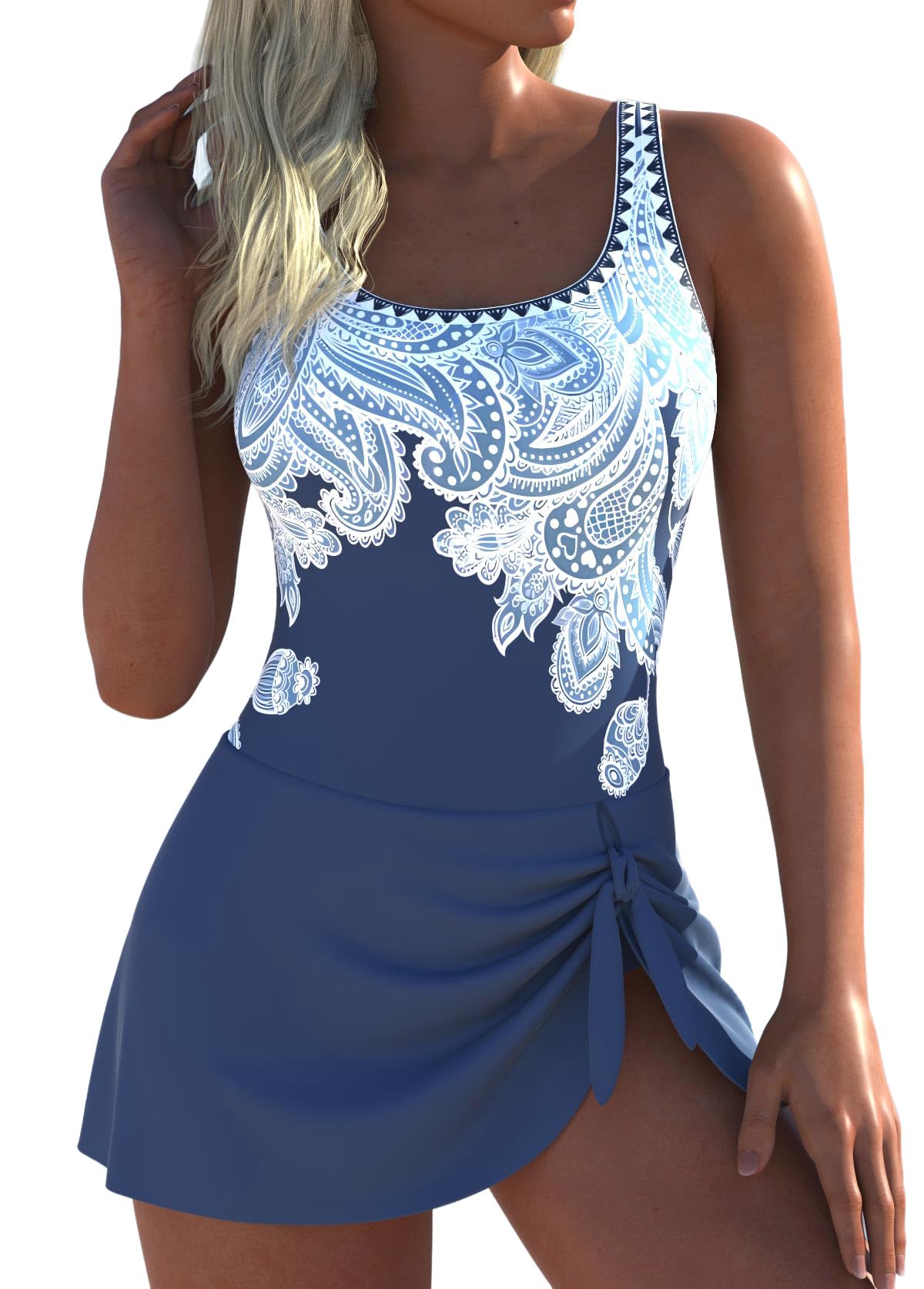 Photo 1 of ROSEWE Womens Two-Way Wear One Piece Swimsuits, Tummy Coverage Modest Bathing Suits, Print Swimdress for Summer Dusty Blue